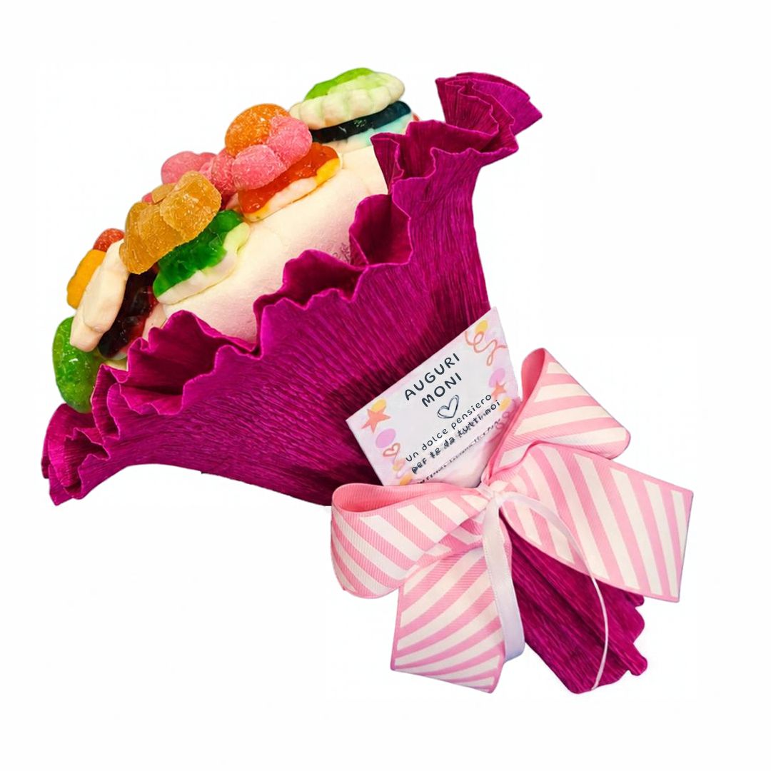 bouquet caramelle gommose e marshmallow grande con messaggio auguri senza incarto trasparente Le Mille e una Mella